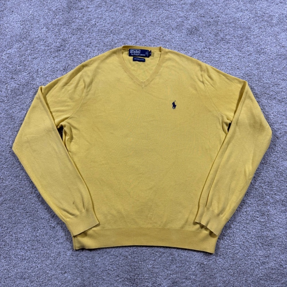 Polo Ralph Lauren Yellow V-Neck Sweater Mens Medium 100% Pima Cotton Pony Logo